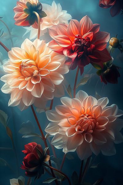 Dahlia's in Turquoise Nevel ii van Studio BB