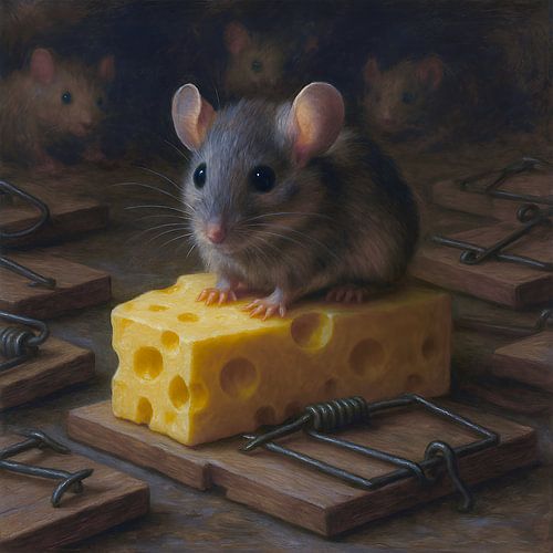 Painting of a mouse sitting on a piece of cheese