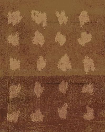 Abstract patroon met vormen in okergeel op terra en roestbruin.