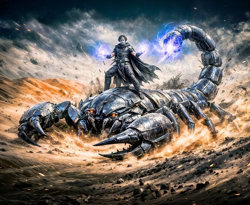 Schoorpiin-sterrenbeeld met krijger en gigantische mechanische schorpioen