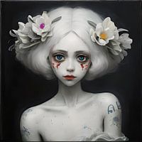 Poupée avec fleur sur fond noir