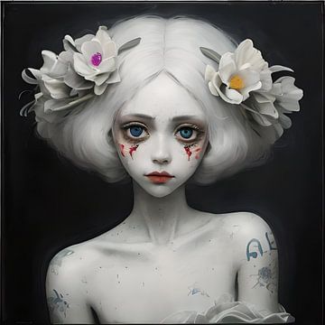 Poupée avec fleur sur fond noir