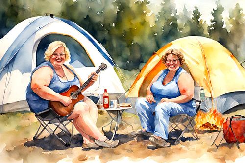 2 gezellige dames maken muziek op de camping