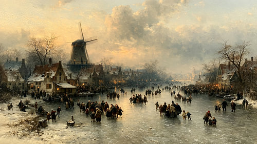 Alt-holländische Eislaufszene mit Windmühle