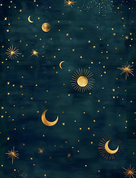 Golden Sun, Moon and Stars on Deep Blue