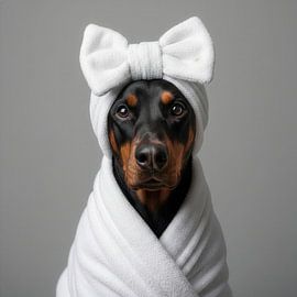 Niedliches Porträt eines Dobermanns im Bademantel