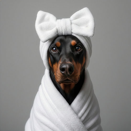Niedliches Porträt eines Dobermanns im Bademantel