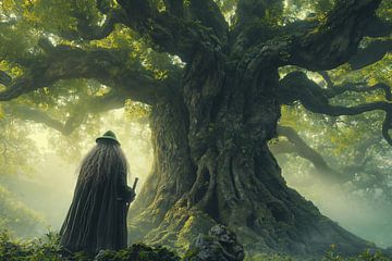 Wijze druïde in de Keltische jungle voor zonsopgang van artefacti