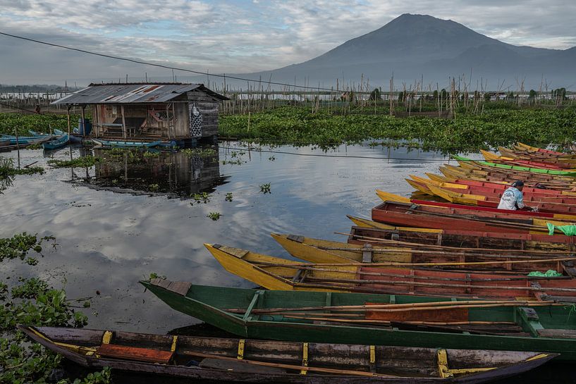 De kleurrijke vissersboten aan de oever van het Rawapening meer in Midden Java van Anges van der Logt