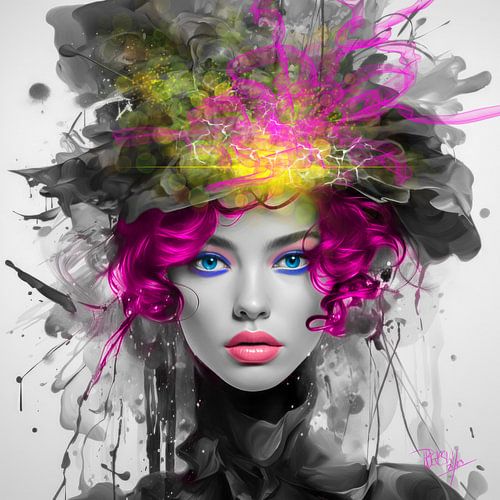 Vrouwen portret zwart wit " Poppy " pop of colour met neon accenten