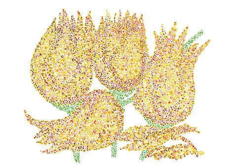 Pointillisme kunstwerk TULPEN. In de kleuren geel, rood en groen