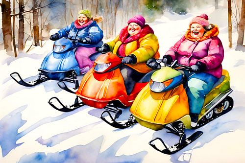 3 gezellige dames op een sneeuwscooter