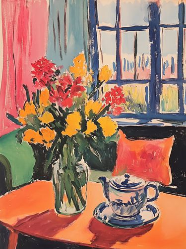 Fleurs sur la table à thé à côté du banc : composition colorée de Matisse
