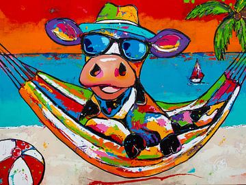 La vache joyeuse dans le hamac sur Happy Paintings