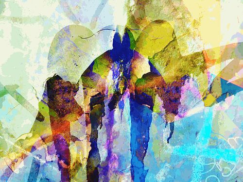 Modern, Abstract Digitaal Kunstwerk in Blauw, Geel, Groen