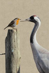 Kranich mit Rotkehlchen – Surrealistische Vogelkunst in sanften Farbtönen