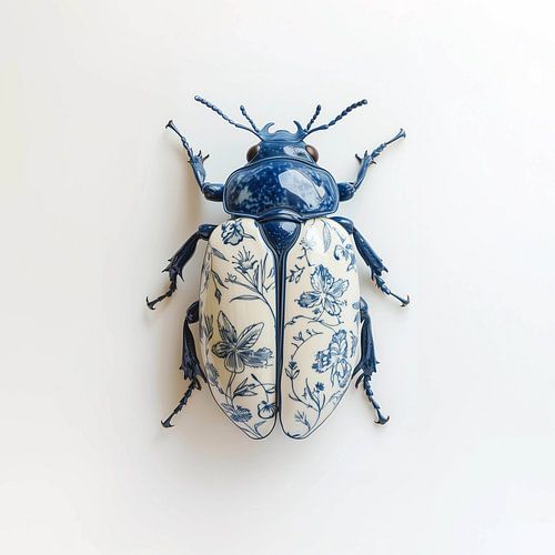 Coléoptère en porcelaine avec motifs floraux en bleu de Delft