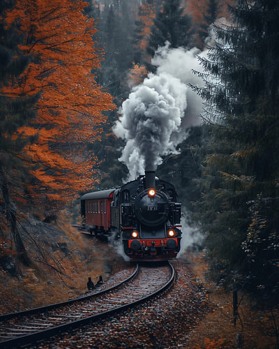 Historic train in the autumn forest