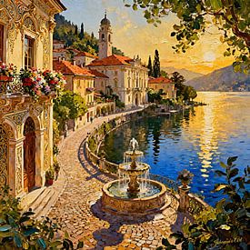 Romantisches Dorf – Sonnenuntergang über dem Dorf am See von Johannas Art Creations