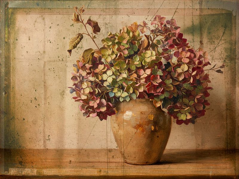 Nature morte d'automne nostalgique avec hortensias dans un vase en terre cuite par Studio Pieternel
