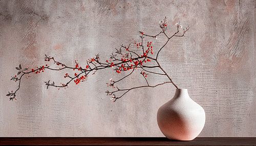 Ikebana Stilleven met tak met besjes in neutrale kleuren
