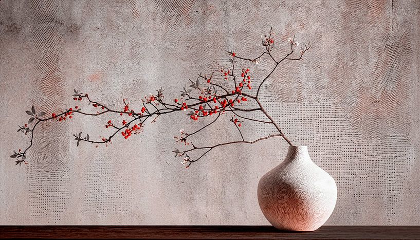 Ikebana Stilleven met tak met besjes in neutrale kleuren van Studio Pieternel
