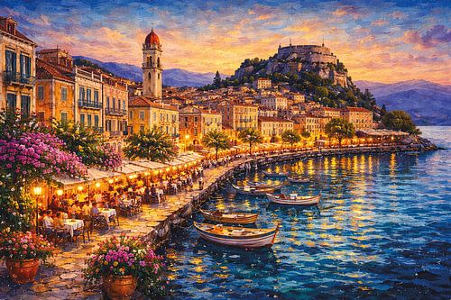 Corfu in Griekenland, een impressionistisch schilderij.