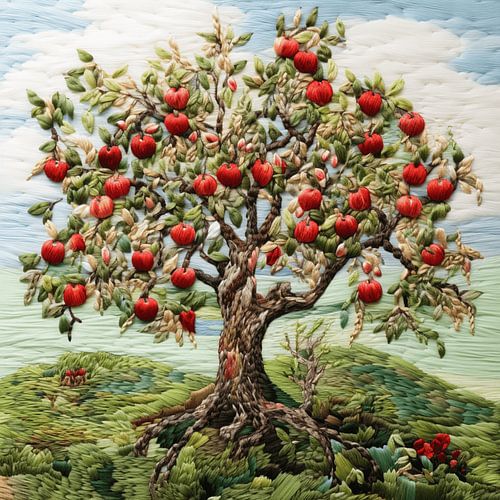 Embroidery needle picture apple tree red apples detailed colourful