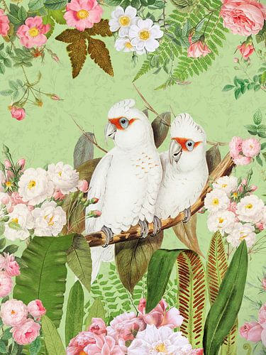 Cacatoès vintage exotique dans une belle jungle rose 2