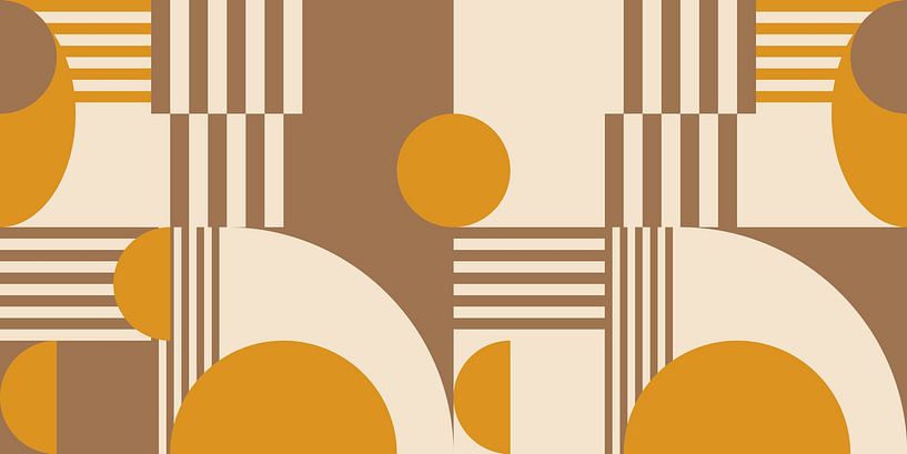 Geometrisches Retro-Kunstwerk mit Kreisen und Streifen in ockergelb, braun von Dina Dankers