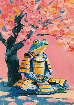 Gepantserde kikker in meditatie onder boom