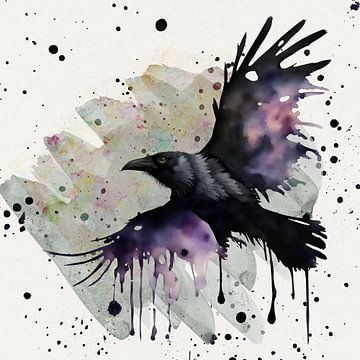 Un corbeau volant aquarelle sauvage
