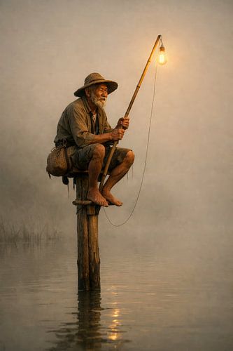 Fischer mit Lampe in nebliger Morgenstille