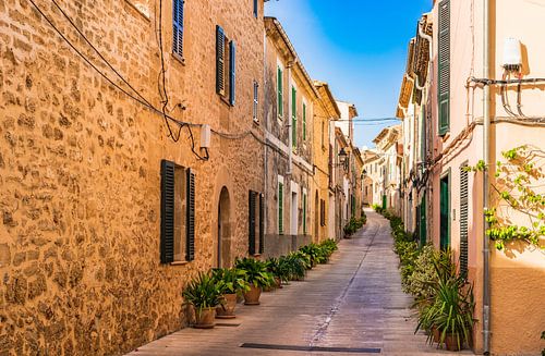 Idyllic street in the old town of Alcudia on Majorca island, Spain Balearic islands