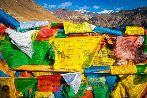 Kleurige gebedsvlaggen in de bergen van Tibet