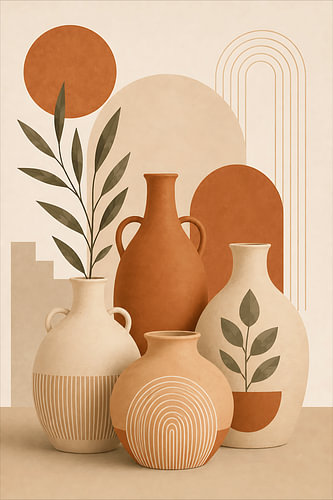 Boho-Keramikvasen „ & “ mit botanischem, abstraktem Design – „Terracotta Sun“
