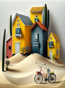 Häuser Fahrrad Sand Bäume Minimalismus Sommer Ferien