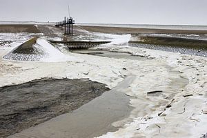 Wintery Waddensea à Roptazijl. Des flocons de glace flottent sur l'eau de la Waddensea près du Ropta