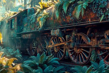 Roestige stoomlocomotief in de jungle van Poster Art Shop