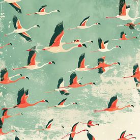 Vliegende Flamingo’s | Retro Grafische Print van Lauren Wilde