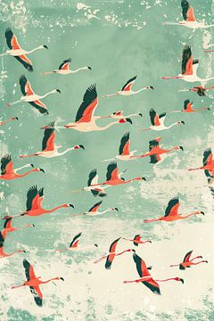 Vliegende Flamingo’s | Retro Grafische Print van Lauren Wilde