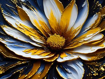 Een acrylverfschilderij van een bloem met goud en zilver van Retrotimes