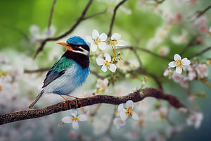 Elster auf einem Baum im Frühling, Art Illustration