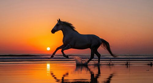 White Horse Running on Beach at Sunset