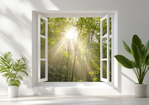 uitzicht vanuit de woonkamer op het boslandschap