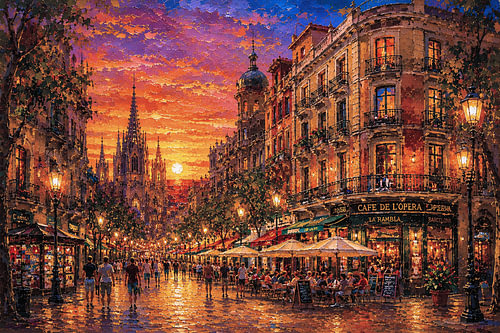 Painting of Barcelona at night – A beautiful city in Spain.