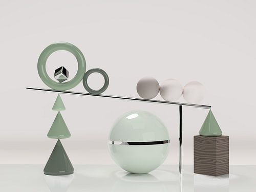 Houten kubus met groene bal