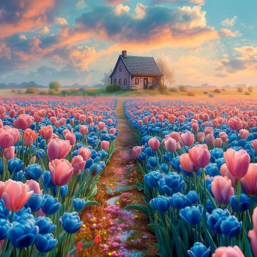 Huisje met tulpenveld
