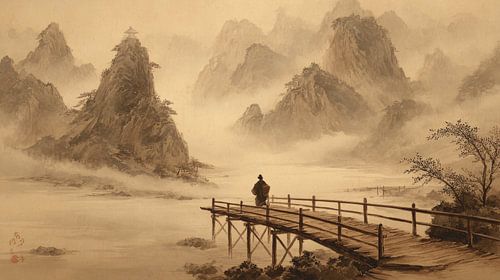 Japanese landscape painting featuring a bridge and mountains