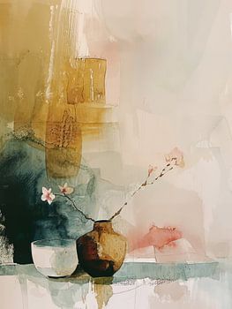 Abstract stilleven in warme kleuren, Japandi stijl